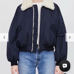 Re/Done Shrunken Dark Blue Bomber Jacket with shearling White Collar